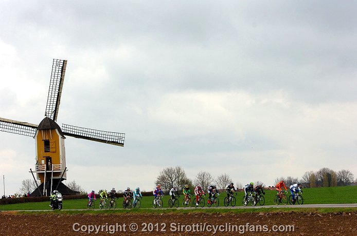 Photo: A breakaway rides by a windmill during the 2012 edition of Amstel Gold Race. 