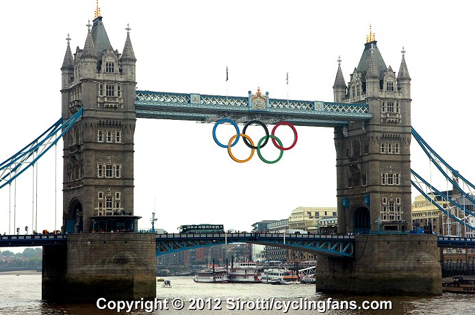 Olympic rings displayed on the London Tower Bridge
