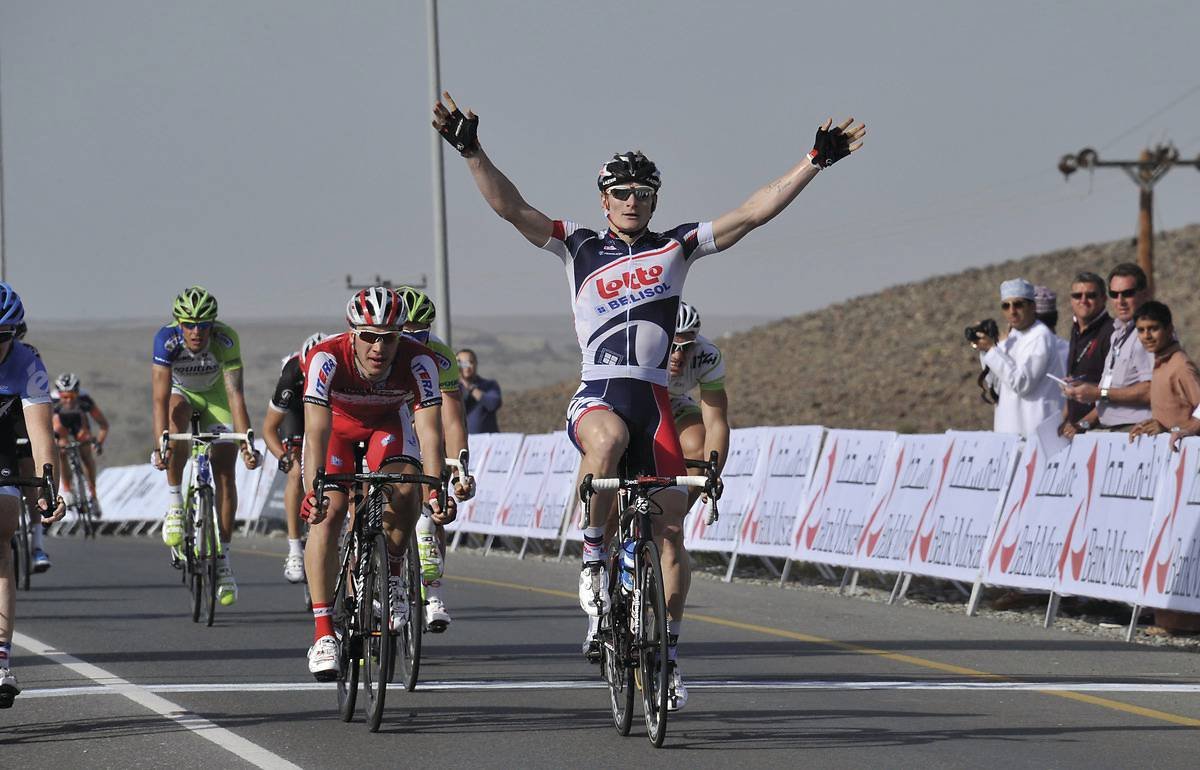 Photo: Andr Greipel (Lotto-Belisol) takes victory in Stage 1.  (cyclingfans.com)