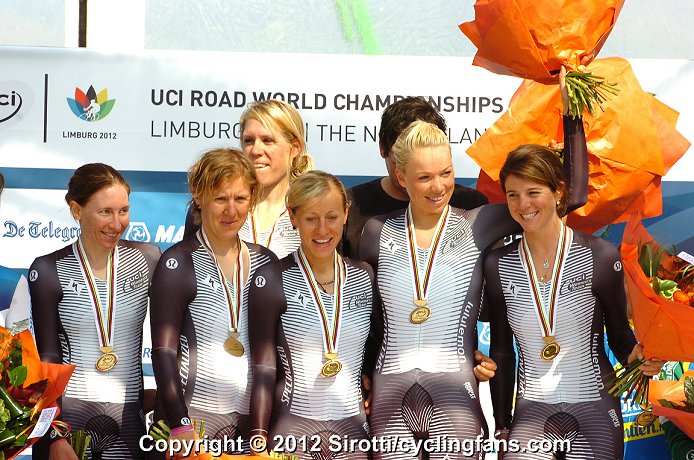 Photo: 2012: Team Specialized-Lululemon on the podium with their gold medals. 