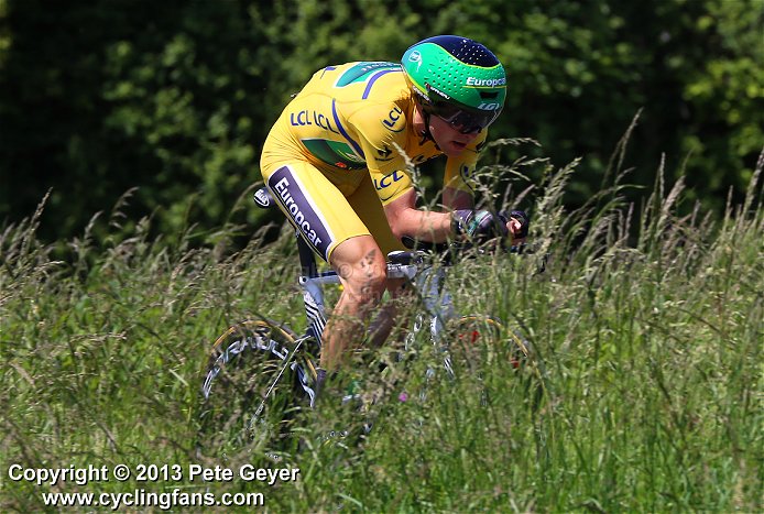 Photo: David Veilleux (Europcar), pictured above as race leader in this year's Criterium du Dauphine TT, won the 2012 edition of Tre Valli Varesine. 