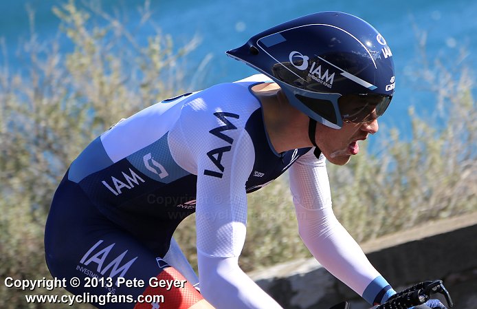 Photo: Matthias Brandle (IAM Cycling) in the 2013 Tour Mediterraneen time trial; Brandle will attempt to beat Voigt's Hour Record on October 30, 2014. 