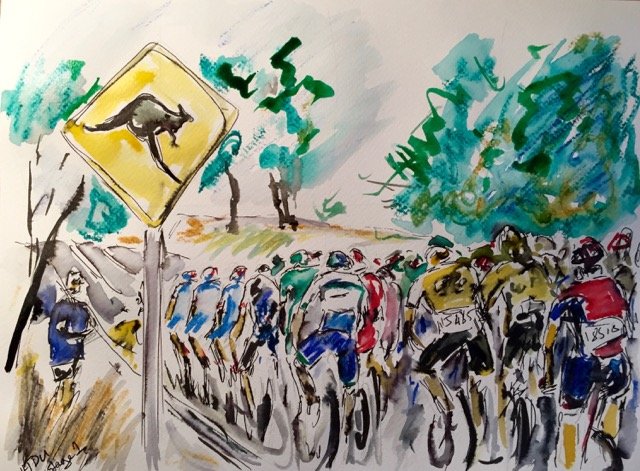 Thumbnail Credit (cyclingfans.com) Garth Bayley Art: Tour Down Under Art by Garth Bayley: The peloton on Stage 1 Copyright  2016 Garth Bayley Art Garth's cycling art is available for purchase at Garth Bayley Art.