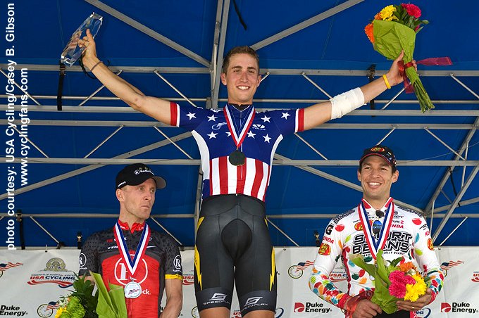 Levi Leipheimer (second, Team RadioShack), Taylor Phinney (first, Trek Livestrong U23) and Bernard Vanulden (third, Jelly Belly) on the podium.